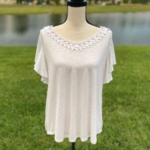 White Short Flutter Sleeve Tee Lace Detail Large